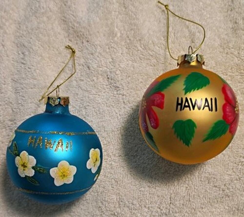 Set of 2 Hawaii Floral Glass Ball Christmas Ornaments Blue Gold Hanging 3in